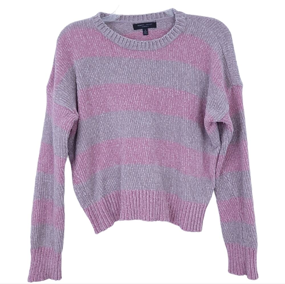 Romeo + Juliet Couture Chenille Sweater Small Stripe Pink Tan, Soft Cozy